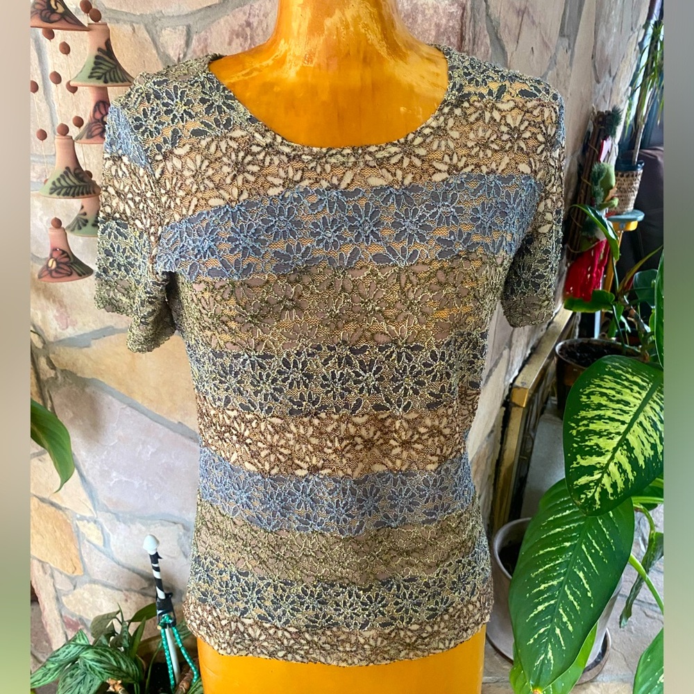 Vintage brochure Floral Lace Striped Tee shirt top cottagecore boho hippie